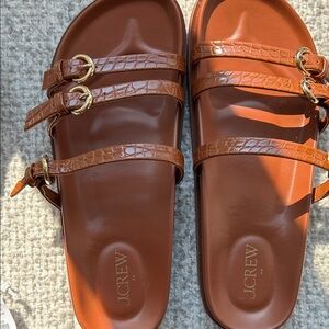 J. Crew Brown Croc-Embossed Sandals with Gold Buckles